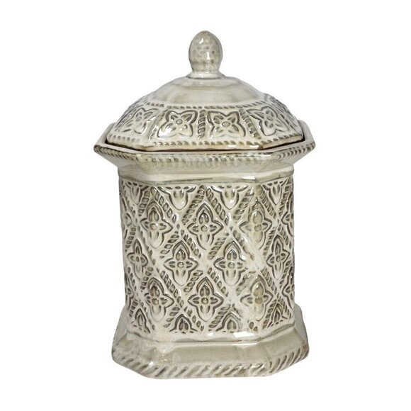 Vintage Ceramic Canister Cookie Jar Cream Kitchen Decor Floral Relief Octagonal - Picture 9 of 9